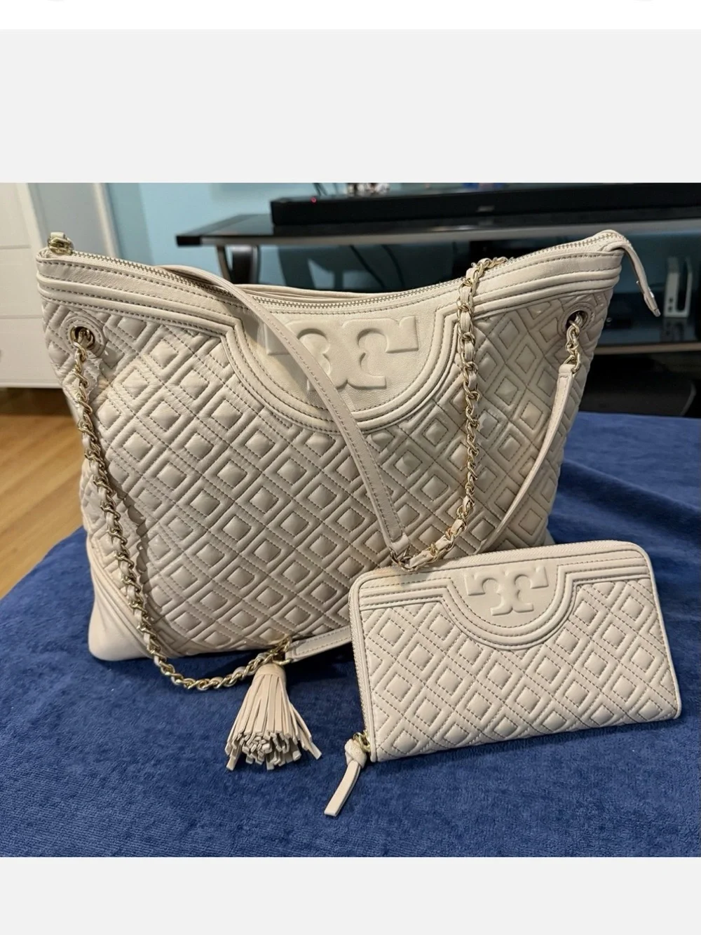 Tory Burch Cream Quilted Leather Shoulder Tote with Tassel & Wallet